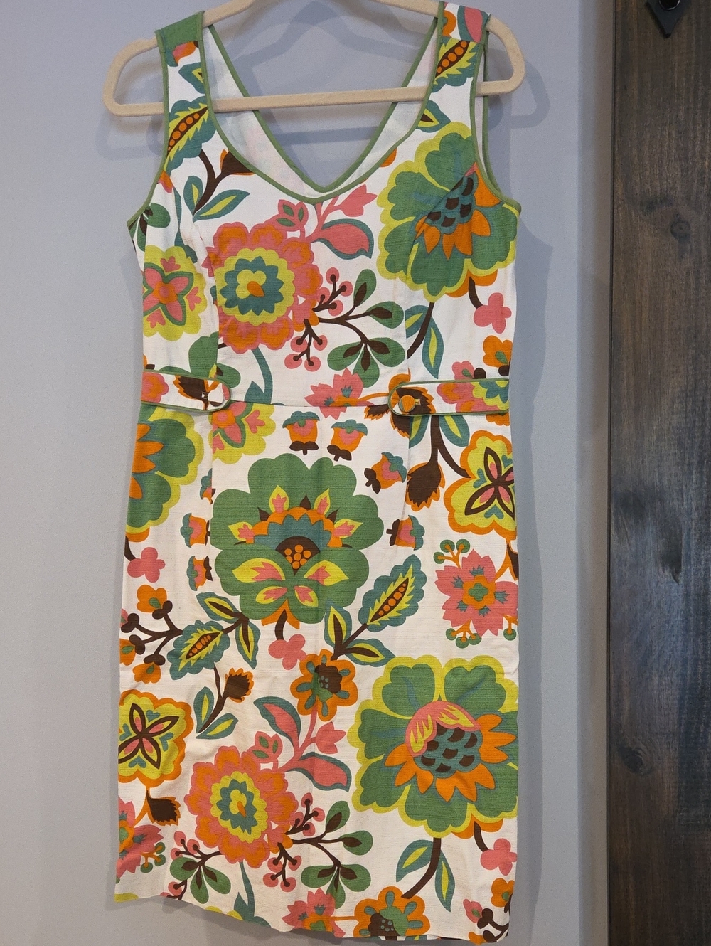 Boden White Floral Midi Dress with Green & Coral Accents